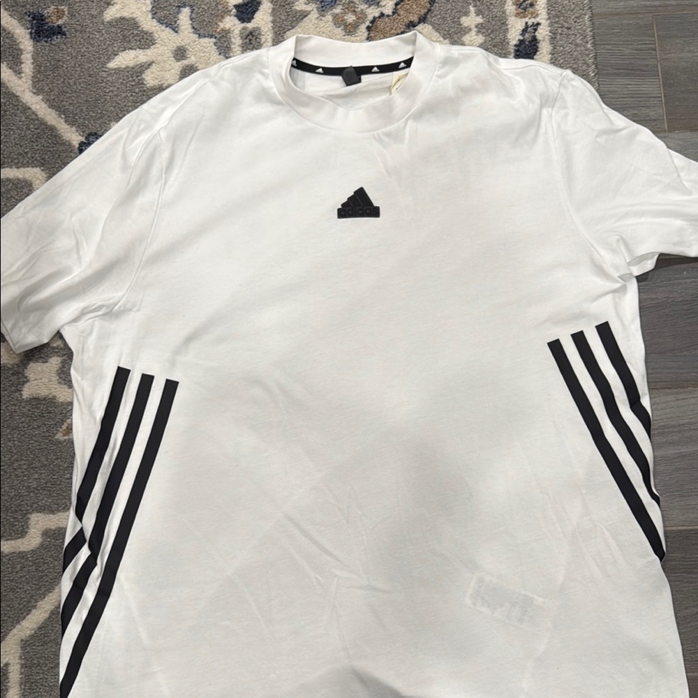Adidas White and Black Short Sleeve Tee with Iconic Stripes